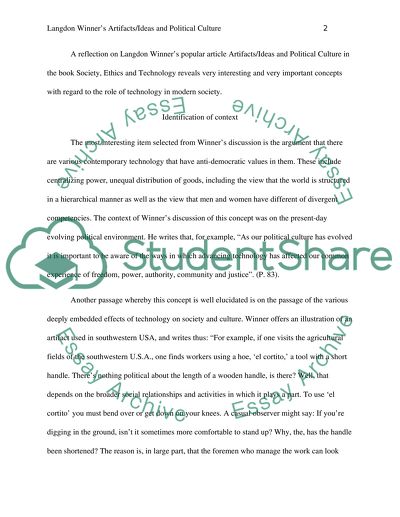 Langdon Winners Artifacts/Ideas and Political Culture W2