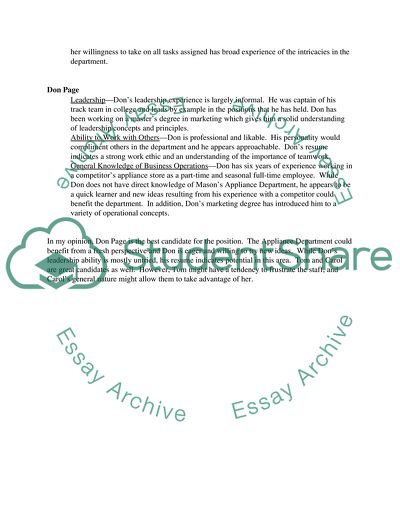 Appliance Department Manager Candidate Assessment