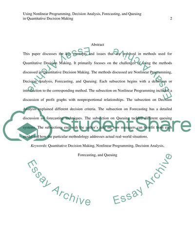 Using Nonlinear Programming and Queuing in Quantitative Decision Making
