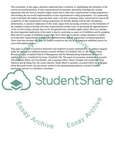 Inter-Organisation Costing Approaches in Supply Chains