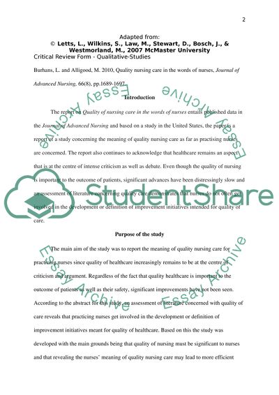 Quality of Nursing Care: the Journal of Advanced Nursing Published Data