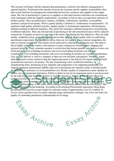 The Role and Tasks of Purchasing In Assuring Product Quality from Suppliers