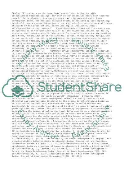 Swot or FDI analysis on Human Development Indext in International busines