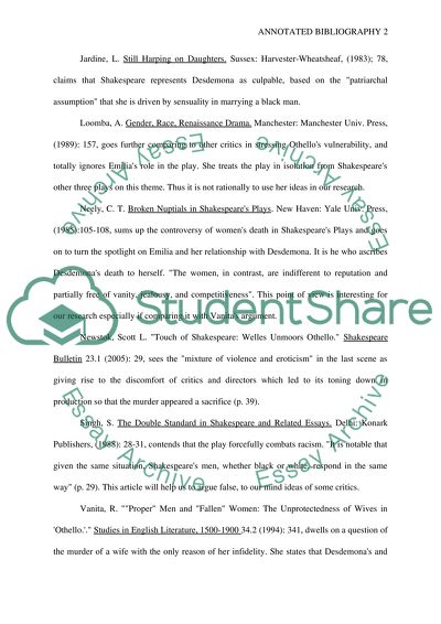 Annotated Bibliography William Shakespeares Othello Essay - 