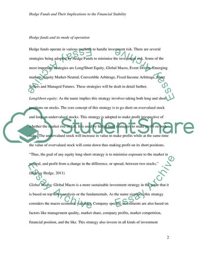 Hedge Funds and Their Implications to the Financial Stability