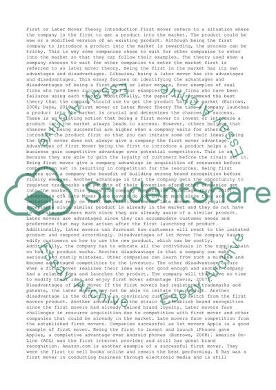 Strategic Management - First or Later Mover Theory