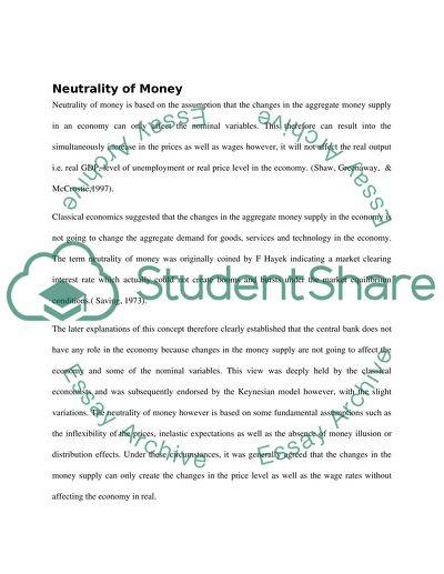 Neutrality Of Money Essay Example | Topics And Well Written Essays