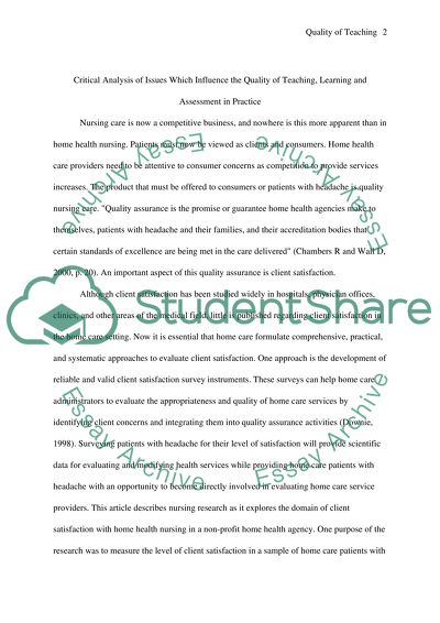 Critical analysis of issues which influence the quality of teaching, learning and assessment in practice
