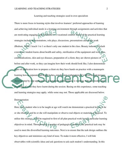 Learning and Teaching Strategies Used in Own Specialism