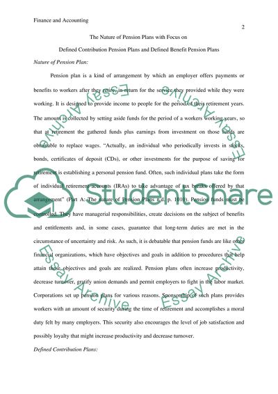 The Nature of Pension Plans with Focus on Defined Contribution Pension Plans