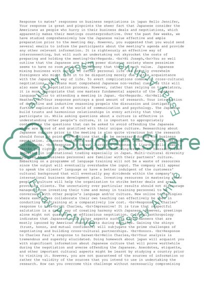 RESPOND TO CLASSMATES RESPONSES ON BUSINESS NEGOTIATIONS IN JAPAN