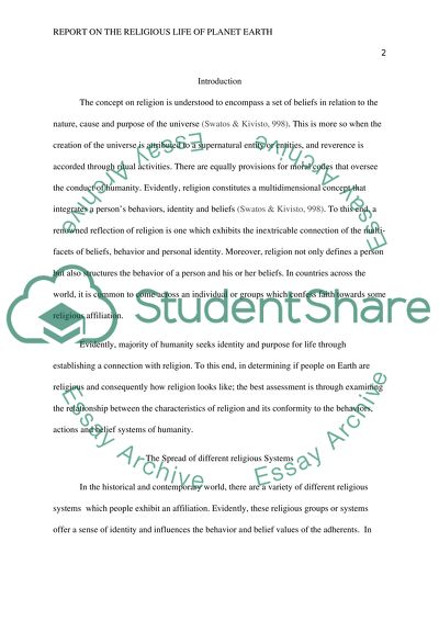 Report On The Religious Life Of Planet Earth Essay Report On The Religious Life Of Planet Earth Essay Example
