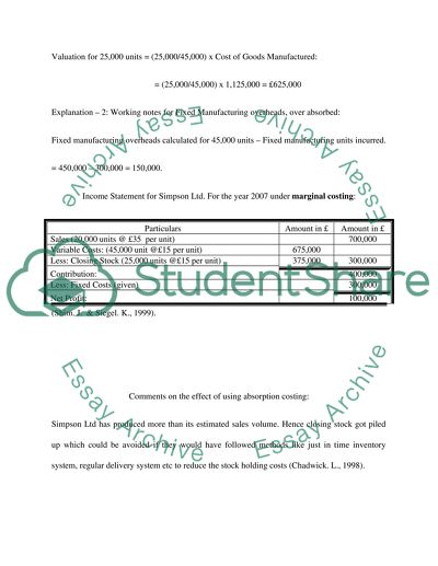 Calculation of Absorption Costing and Marginal Costing of Simpson Ltd