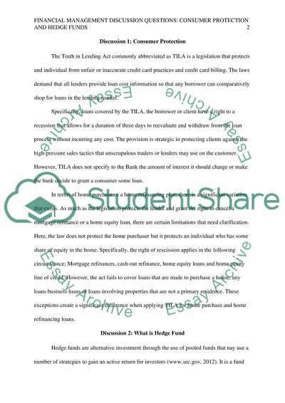 Financial Management Discussion Questions: Consumer Protection and Hedge Funds