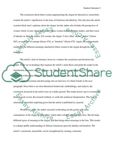Critical Article Review -Race, Gender, Labor in 1960s Memphis