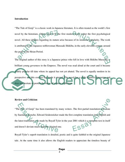 4 page literary criticism-book review on the The Tale of Genji by Royall Tyler (2001),