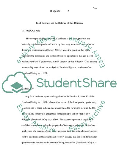 Food Business and the Defence of Due Diligence