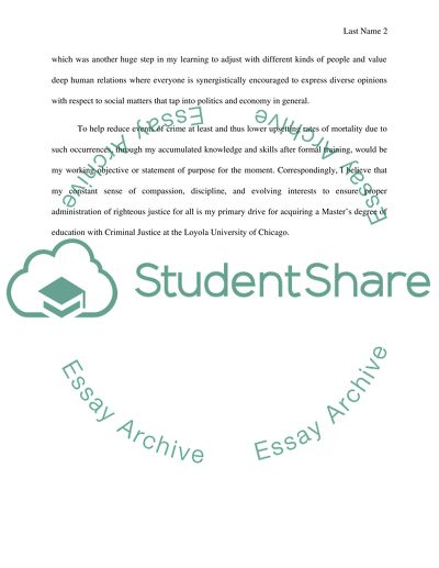 Personal Statement of Purpose for MA in Criminal Justice to Loyola University of Chicago,IL