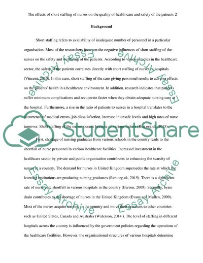 Effects of Short Staffing of Nurses on the Quality of Care and Safety of the Patients