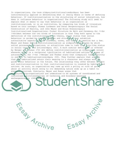 What Does It Mean to Say That Behavior in Organizations Is an Institution or Is Institutionalized