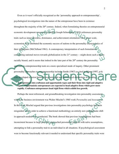 Personality Approach to Entrepreneurship