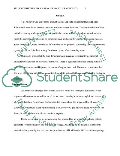 Issues of Higher Education - Who Will Pay For It