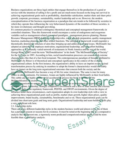 Management and Organizational Behaviour - McDonalds Experience