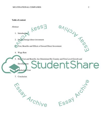 Cost, Benefits and Effects of Inward Direct Investment