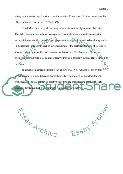 Develop an ethical framework for the assessment of the countrys foreign poilcy