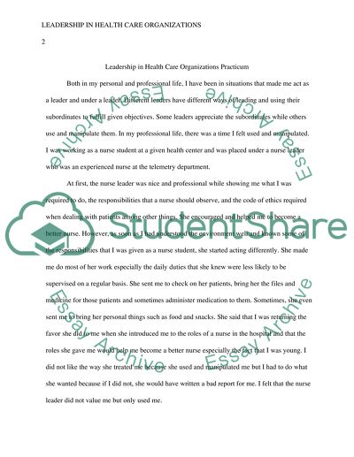 Leadership in Health Care Organizations Practicum