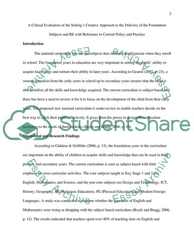 Settings Creative Approach to the Delivery of the Foundation Subjects and Religious Education