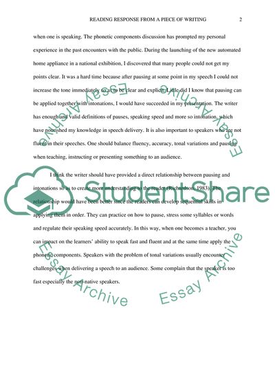 Reading Response from a Piece of Writing