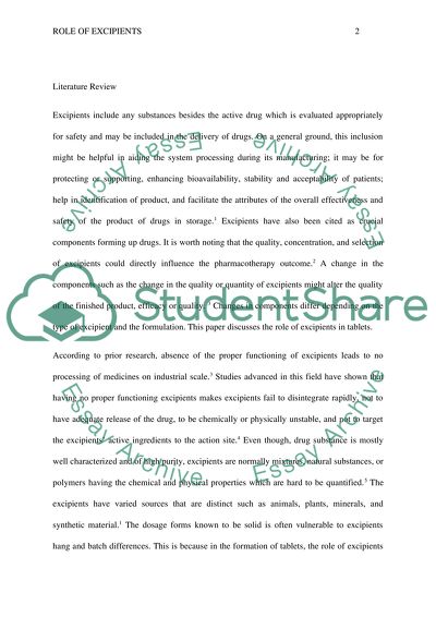 Literature Search/Review Assignment on The role of excipients in tablets