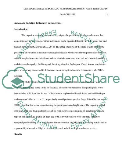 Automatic Imitation Is Reduced in Narcissists