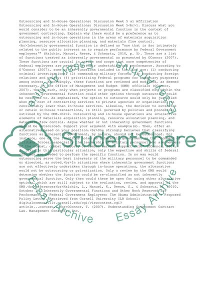 Discussion 1 Week 5 Outsourcing and In-House Operations