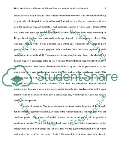 The Influence of the Twentieth Century on the Roles of Men and Women in African Societies