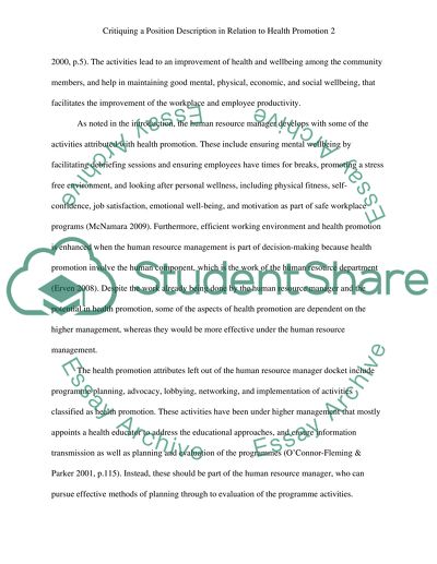 Critiquing a Position Description in Relation to Health Promotion