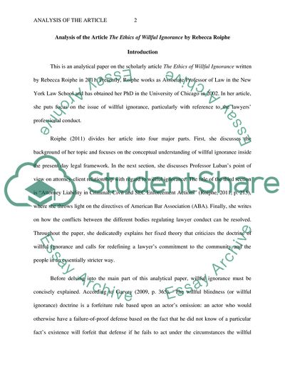 Analysis of the Article The Ethics of Willful Ignorance by Rebecca Roiphe