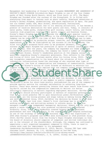 Management and Leadership of Disneys Magic Kingdom