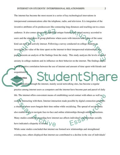 Interpersonal Relationships of Students vs the Internet