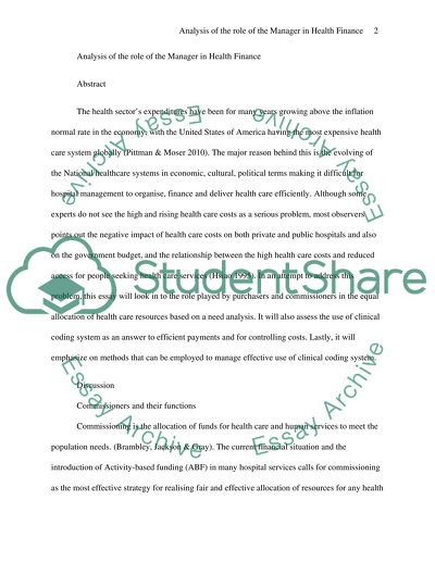 Analysis of the Role of the Manager in Health Finance