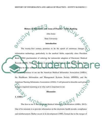 History of Informatics and Areas of Practice: Entity Ranking