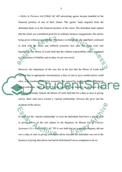 In tort how do the Courts determine whether there is a duty of care in cases of economic loss