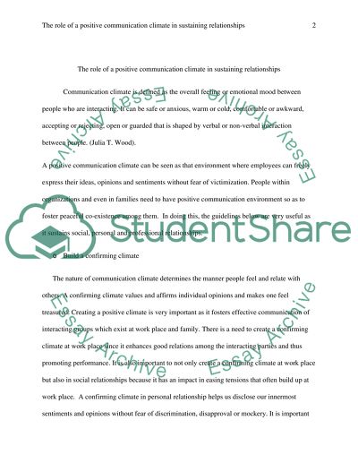 The Role of a Positive Communication Climate on Sustaining Essay