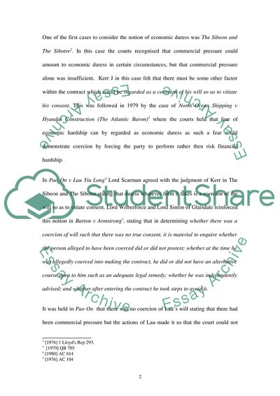 The Operation in the Law of Contract of the Doctrine of Economic Duress