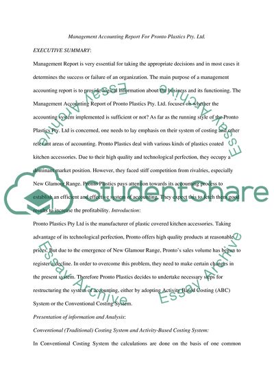 Management Accounting: Pronto Plastics Pty. Ltd