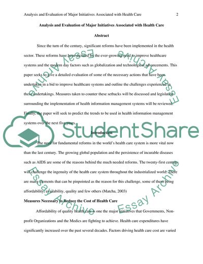 Major Initiatives Associated with Health Care