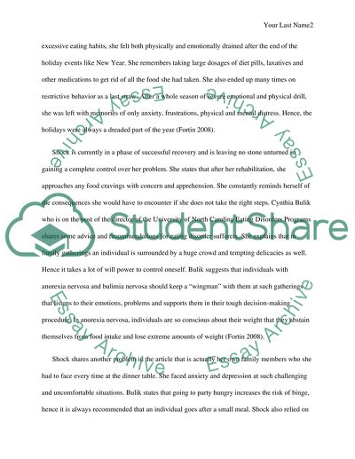 Article Analysis Holidays bring challanges for eating disorder sufferers by Judy Fortin