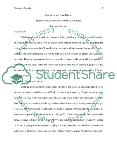 Life Styles and Food Habits: Major Causative Elements for Obesity in Canada