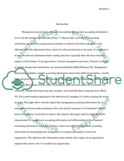 The Need for Management Accounting Information